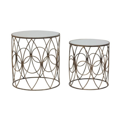 Premier Housewares Interiors By Premier Set Of 2 Antique Frame Round Tables,Copper-Finish Round Tables With Mirror Tops,Circular Tables,Accent Table Light