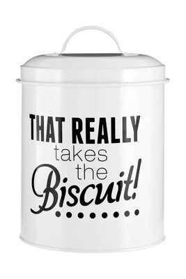 Orsina White Biscuit CanisterFun Metal Storage Jar With Humorous Print And LidIdeal For Storing Biscuits, from B&Q