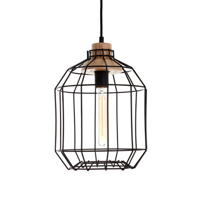Orsina Black Iron Cage Pendant LightGeometric Wire Frame Ceiling LampDecorative Light With Wooden Bulb Mount from B&Q