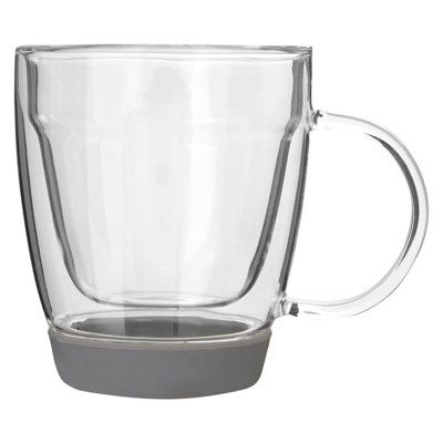Premier Housewares Interiors By Premier Insulated Double Wall Glass Mug 220Ml, Premium Glass Coffee Mug, Non Slip Silicone Base Double Walled Mug Grey