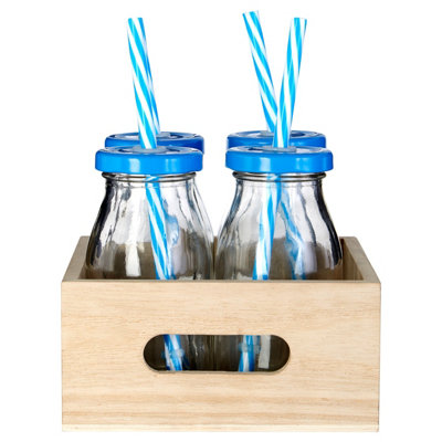 B&Q -  Elegant Blue Straws And Lids Glass Drinking BottlesConvenient Clear Glass JarsVersatile Glass Bottles