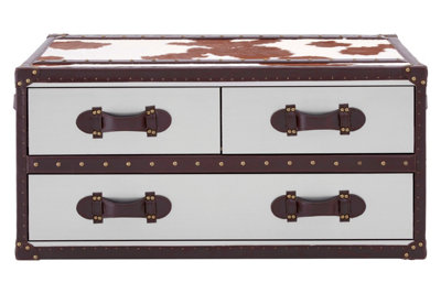 Orsina Brown And White Genuine Cowhide Coffee Table,rectangular Table With 3 Aluminium Plated Drawers,center Table from B&Q