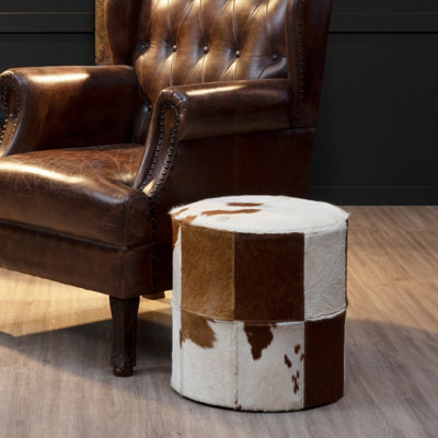 Orsina Brown & White Genuine Cowhide Ottoman,soft Padded Leather Footstool With Stitched Detailing,pouffe Stool from B&Q