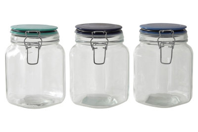 Orsina Glass Storage Jar1050Ml (Set Of 3 Assorted Colours)Clear Glass Canisters With Airtight Clip-Top Lids from B&Q