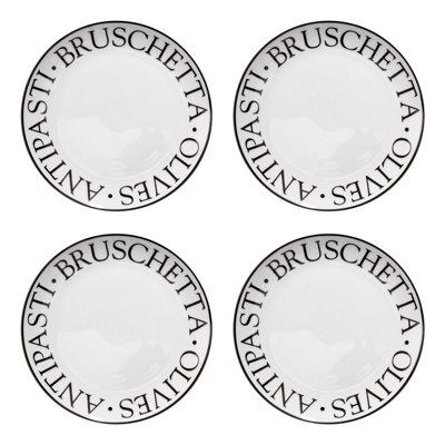 Premier Housewares Interiors By Premier Set Of 4 Antipasti Plates With Lettering,Porcelain Dinner Plates, Plates With Giftable Packaging Black/White