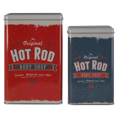 Orsina Set Of 2 Hot Rod Storage CanistersRetro Metal Tins With Bold Car Print LidsDurable Storage Solution from B&Q