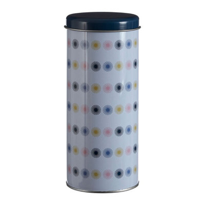 Premier Housewares Interiors By Premier Round Storage Canister, Decorative Metal Tin With Vintage Print Design, Ideal For Storing Snacks, Biscuits White/Blue