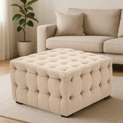 Orsina Elegant Beige Linen Button Tufted FoostoolVelvet Upholstered Soft FootstoolPremium Footstool For Bedroom from B&Q