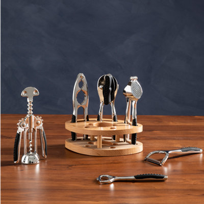Orsina Chrome Kitchen Tool Set With Natural Wood Stand,7-Piece Essential Gadgets For Food Prep,unique Utensil Set from B&Q