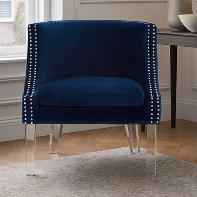 Orsina Velvet Upholstered Blue Curved ChairMid Century Design Comfortable ArmchairSleek Modern Armchair from B&Q