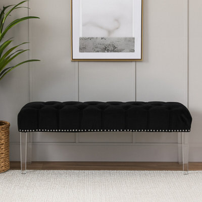 Orsina Contemporary Black Velvet BenchButton Tufted Upholstered Bench With Clear Acrylic LegsHallway Seating from B&Q