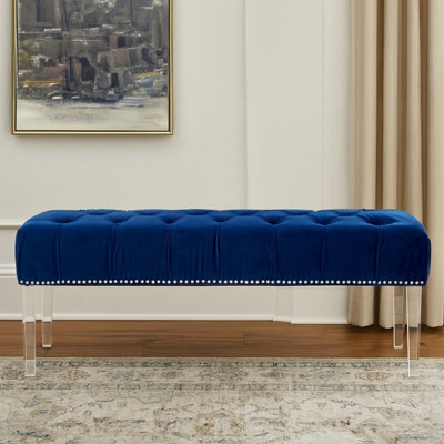 Orsina Blue Velvet Tufted BenchModern Upholstered Bedroom Bench With Clear Acrylic LegsEntryway Bench from B&Q