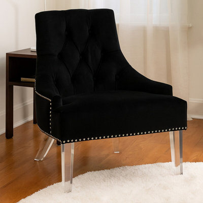 Orsina Elegant Button Tufted Black ChairVelvet Upholstered Mid Century ArmchairSturdy Comfortable Armchair from B&Q