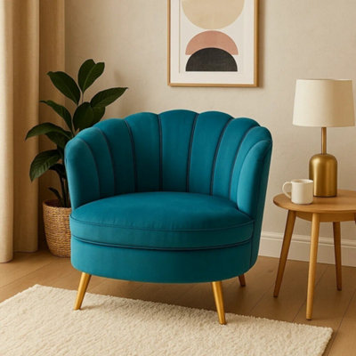 Orsina Blue Velvet Scalloped ArmchairSupportive Armrest Lounge ChairEasy To Clean Velvet Accent Chair from B&Q