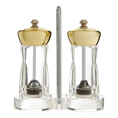 Orsina Gold & Clear Salt And Pepper Mill Set On StandAcrylic Grinders With Gold Finish And Ceramic Mechanisms, from B&Q