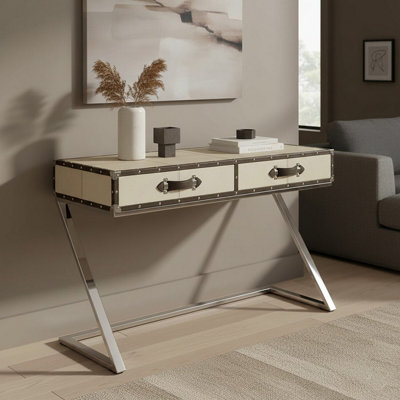 Orsina Mango Wood Console Table With 2 Drawers,table With Hair-On-Leather Top,center Table With Metallic Studs from B&Q