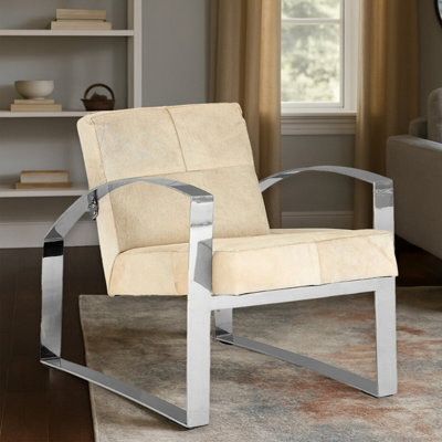 Premier Housewares Interiors By Premier Hairon Leather Chair With Steel Legs For Patio,Modern Upholstery Chair,Stainless Steel Accent Chair White