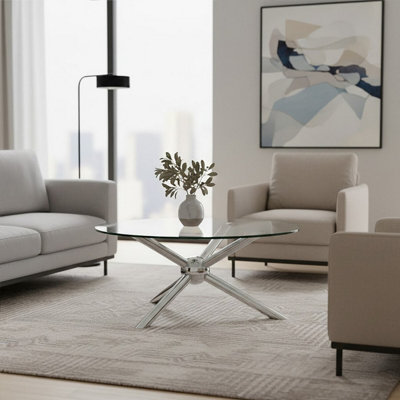 Orsina Elegant Round Silver Coffee TableDistinctive Base Design Display TableClear Tempered Glass Top Table from B&Q