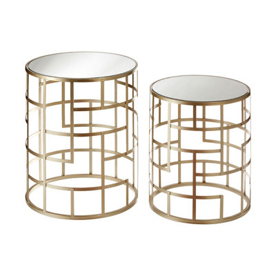 B&Q -  Set Of 2 Champagne Frame Tables,art Deco Inspired End Tables,asymmetrical Geometric Design Nesting Tables
