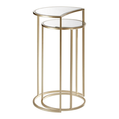 Premier Housewares Interiors By Premier Set Of 2 Nesting Side Tables, Champagne Finish Iron Frame & Mirrored Glass Tops, Art Deco Accent Tables Light