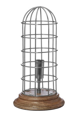 Orsina Small Table Lamp With Natural Wood BaseSilver Cage Industrial Style Desk LightBulb Holder Table Lamp from B&Q