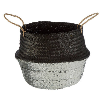 Orsina Black & Silver Seagrass Storage BasketDecorative Organizer With HandlesSmall Seagrass Storage Basket from B&Q