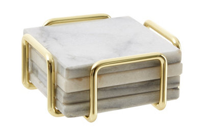 Orsina Set Of Four White Marble Coasters With Brass Finish HolderDurable Natural Stone Coasters from B&Q