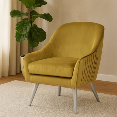 Orsina Modern Mustard Velvet Armchair For Living RoomsElegant Curve Pleated Lounge ChairDecent Dining Chair from B&Q