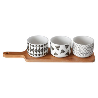 Orsina Bamboo Serving Board With Three Patterned Ceramic DishesDurable Appetizer Serving Tray from B&Q