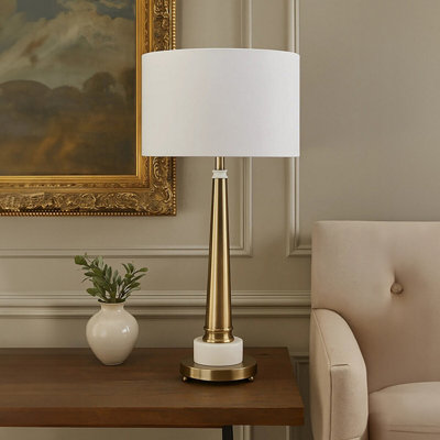 Orsina Classic Table Lamp With Antique Brass Tapered StandWhite Marble Base & Linen ShadeElegant Iron Lighting from B&Q