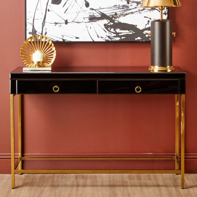 Orsina Glamorous Gold Finish Console TableDecorative Table For LivingroomsStylish Room Table With Glass Shelf from B&Q