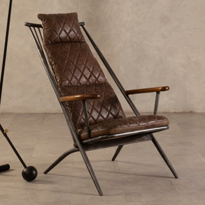 Orsina Stylish Genuine Brown Leather Chair,metallic Finished Armchair,iron Framed Lounge Chair,luxe Accent Chair from B&Q