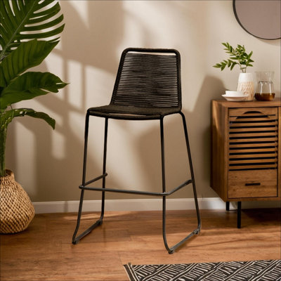 B&Q -  Black Rope Bar ChairBackrest Outdoor Iron Bar StoolFootrest Black Rope Iron ChairRust-Free Rope Chair