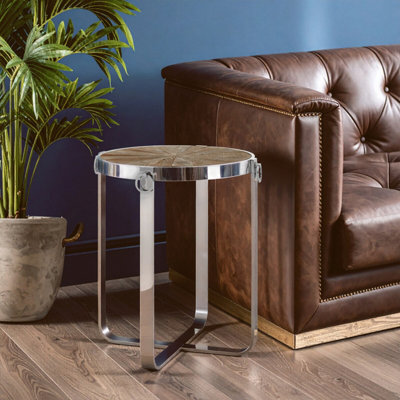 Orsina Boho Side Table With Elm Wood TopGeometric Interlocking PatternStainless Steel Cross Base from B&Q
