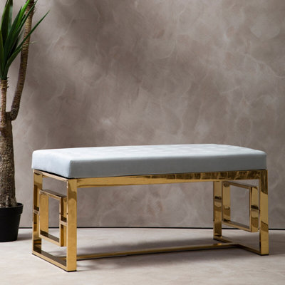 Orsina Luxe Powder Grey Tufted BenchSoft Velvet Upholstery With Button DetailingGold Finish Stainless Steel Base from B&Q
