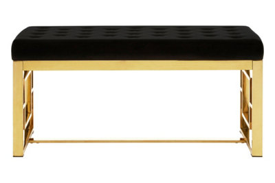 Orsina Luxe Black Velvet And Gold BenchButton Tufted Upholstery With Gold Stainless Steel FrameAccent Seat from B&Q