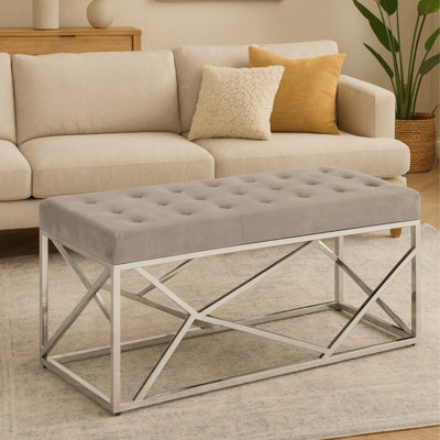 Orsina Mink Velvet Bench With Silver Finish FrameButton Tufted Seat With Geometric BaseUpholstered Bench from B&Q