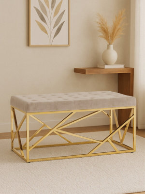 Orsina Mink Velvet Gold BenchTufted Velvet Upholstered Bench With Gold Finish FrameGeometric Bedroom Bench from B&Q