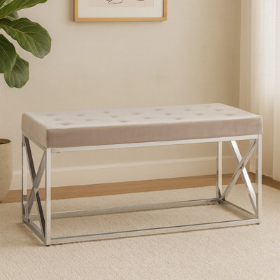 Orsina Mink Tufted Bench With Silver Stainless Steel FrameLuxe Velvet Upholstered Accent BenchMink-Toned Seat from B&Q