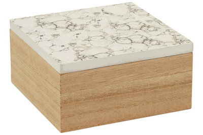 Premier Housewares Interiors By Premier White Marble Effect Trinket BoxSquare Shaped Box With Natural BaseSpacious Wooden Trinket Box With Lid from B&Q