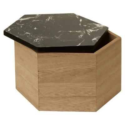 Orsina Decent Black Marble Effect Hexagonal Trinket Box,decorative Trinket Box With Natural Base,wooden Storage Box from B&Q