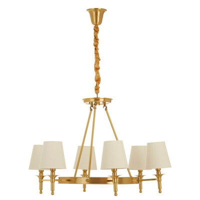 Orsina Elegant 6 Arm Gold Ceiling Light With Linen ShadesBrass Frame Hotel Style Pendant LightLighting Fixture from B&Q