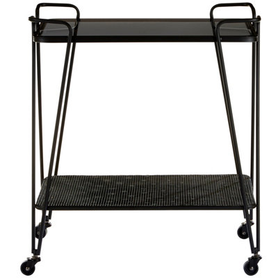 Orsina Grey Glass Bar Cart With WheelsTwo-Tier Drinks Trolley With Black Metal FrameMobile Serving Cart from B&Q