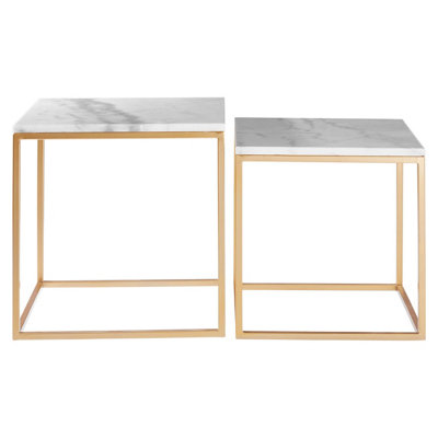 B&Q -  Set Of 2 Square Cuboid Side TablesWhite Marble Top Nesting TablesGold Metal Frame Accent Tables