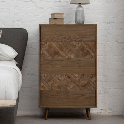 B&Q -   Oak And Elm 5 Drawer Wood Chest,geometric Cabinet,natural Toned Dresser,storage Unit With Brass Finish Feet