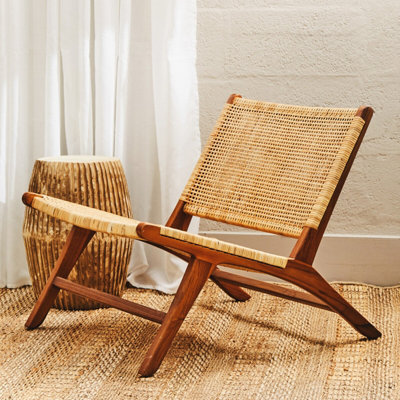 Orsina Teak Wood And Natural Rattan Lounge ChairLow Profile Woven Armchair For Living RoomChair With Wide Seat from B&Q
