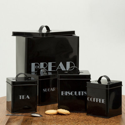Orsina 5 Piece Black Kitchen Storage SetIncludes TeaCoffeeSugarBread & Biscuit CanistersDurable Metal from B&Q