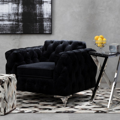 Orsina Quilted Chesterfield Chair,black Velvet Upholster Ocassional Chair,silver Finish Lounge Chair,patio Armchair from B&Q