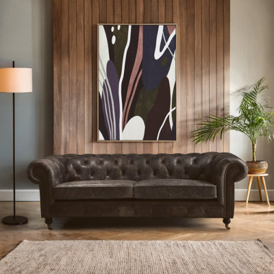 Premier Housewares Interiors By Premier Dark Grey Leather Chesterfield Sofa3-Seater Sofa With Carved Walnut Feet,lounge Sofa,button-Tufted Couch from B&Q