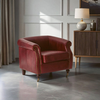 Orsina Red Leather Armchair,heritage Design Chair With Carved Walnut Feet,studded Lounge Chair,upholstered Chair from B&Q